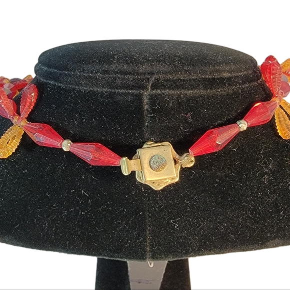 West Germany Early Vintage Plastic Loopy Red Orange Flower Necklace - Picture 10 of 11
